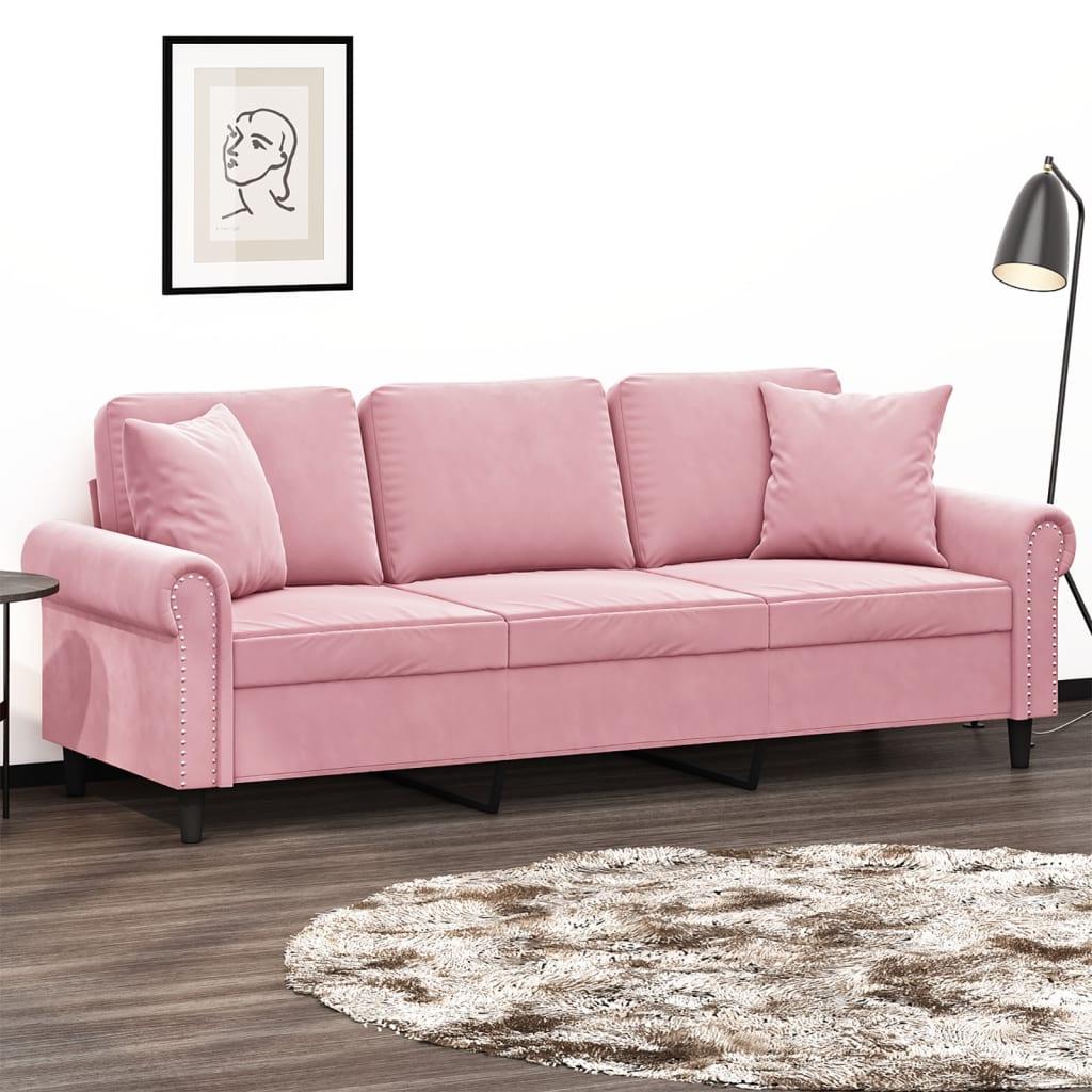 3-personers sofa med pyntepuder 180 cm velour pink billede