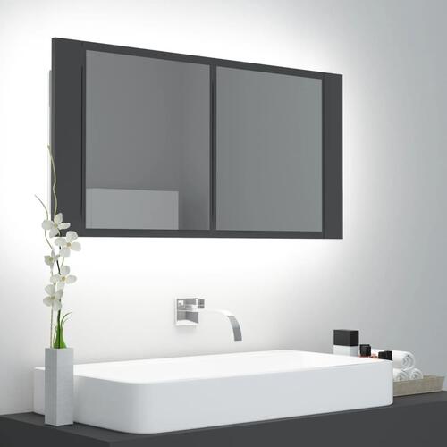 Badeværelsesskab m. spejl og LED-lys 90x12x45 cm akryl grå