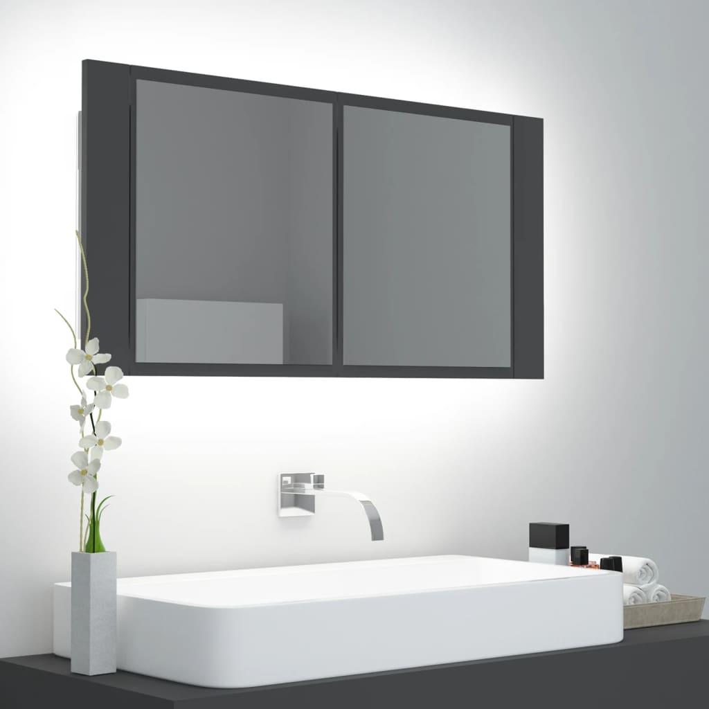Badeværelsesskab m. spejl og LED-lys 90x12x45 cm akryl grå