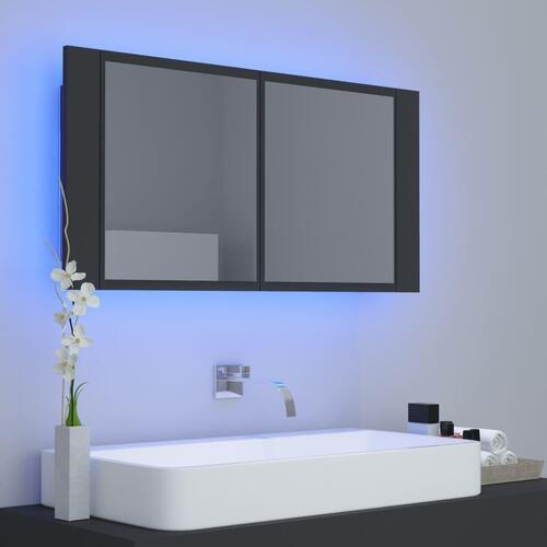 Badeværelsesskab m. spejl og LED-lys 90x12x45 cm akryl grå