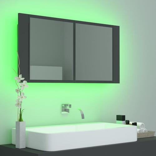 Badeværelsesskab m. spejl og LED-lys 90x12x45 cm akryl grå