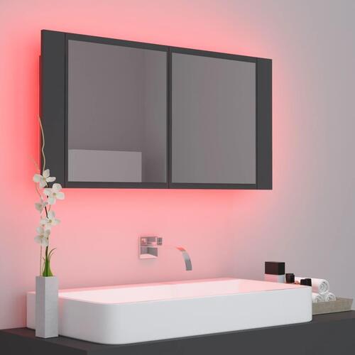 Badeværelsesskab m. spejl og LED-lys 90x12x45 cm akryl grå