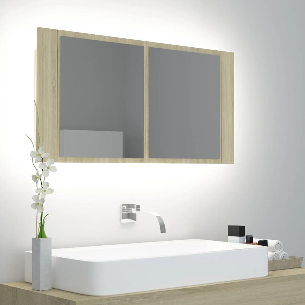 Badeværelsesskab m. spejl og LED-lys 90x12x45cm akryl sonoma-eg