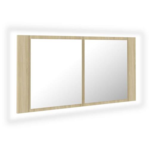 Badeværelsesskab m. spejl og LED-lys 90x12x45cm akryl sonoma-eg