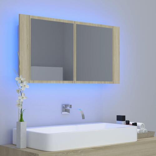Badeværelsesskab m. spejl og LED-lys 90x12x45cm akryl sonoma-eg