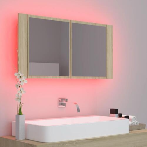 Badeværelsesskab m. spejl og LED-lys 90x12x45cm akryl sonoma-eg