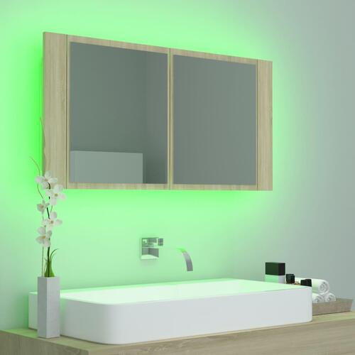 Badeværelsesskab m. spejl og LED-lys 90x12x45cm akryl sonoma-eg