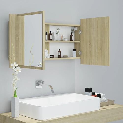 Badeværelsesskab m. spejl og LED-lys 90x12x45cm akryl sonoma-eg