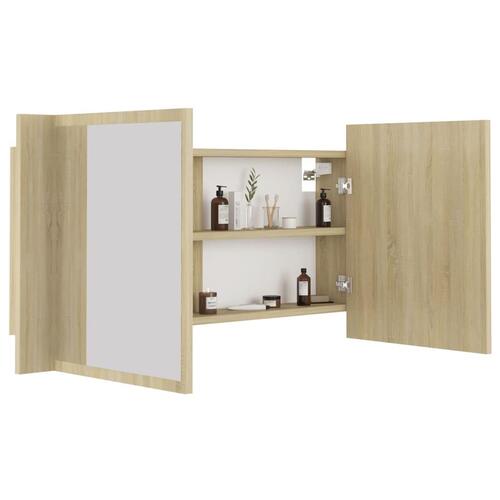 Badeværelsesskab m. spejl og LED-lys 90x12x45cm akryl sonoma-eg