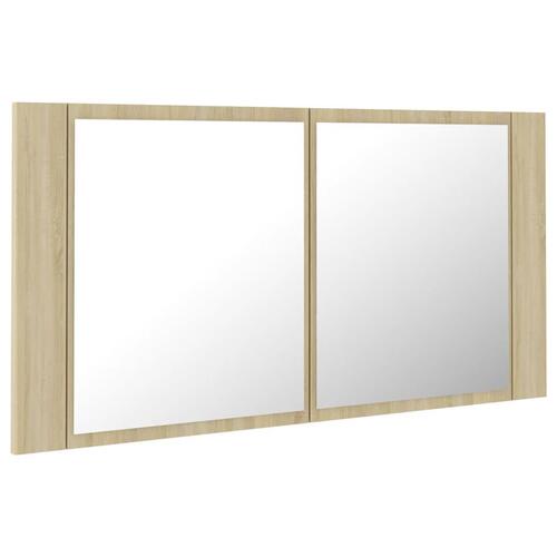 Badeværelsesskab m. spejl og LED-lys 90x12x45cm akryl sonoma-eg