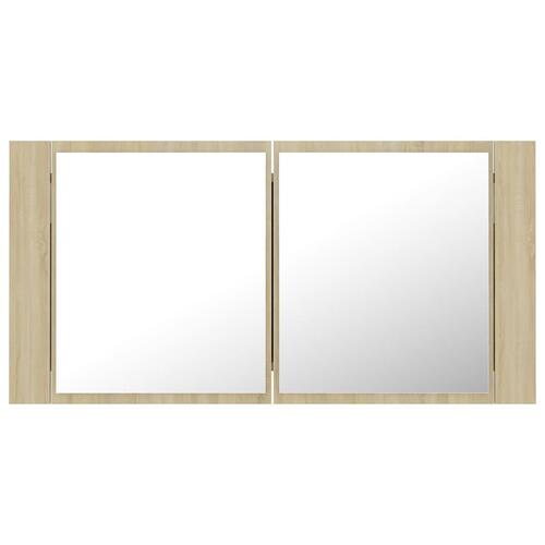Badeværelsesskab m. spejl og LED-lys 90x12x45cm akryl sonoma-eg