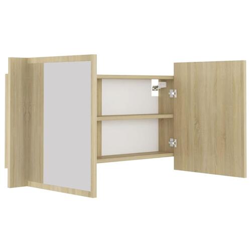 Badeværelsesskab m. spejl og LED-lys 90x12x45cm akryl sonoma-eg
