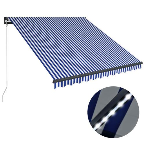 Markise m. LED-lys 350x250 cm manuel betjening blå og hvid
