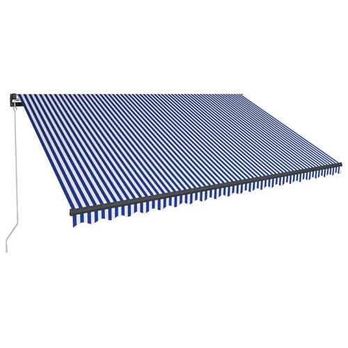 Markise m. LED-lys 500x300 cm manuel betjening blå og hvid