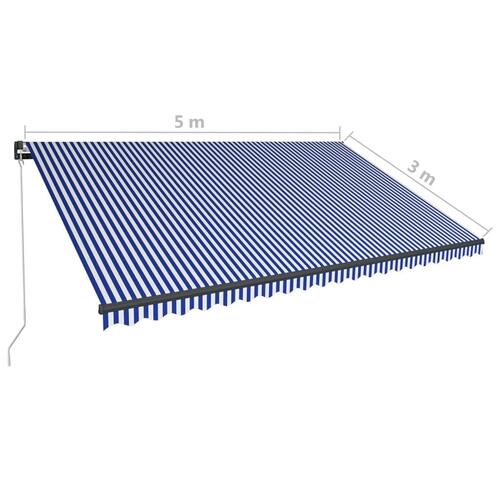 Markise m. LED-lys 600x300 cm manuel betjening blå og hvid