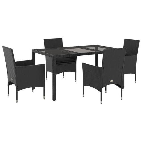 Spisebordssæt til haven 5dele m. hynder polyrattan og glas sort