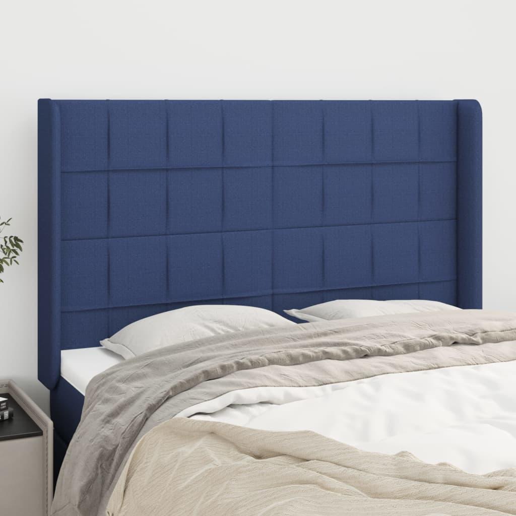 Sengegavl med kanter 147×16×118/128 cm - stof, blå billede