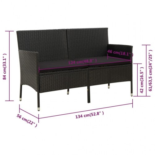 3-personers havesofa med hynde polyrattan sort