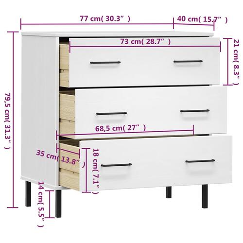 Skænk med 3 skuffer OSLO 77x40x79,5 cm massivt træ hvid