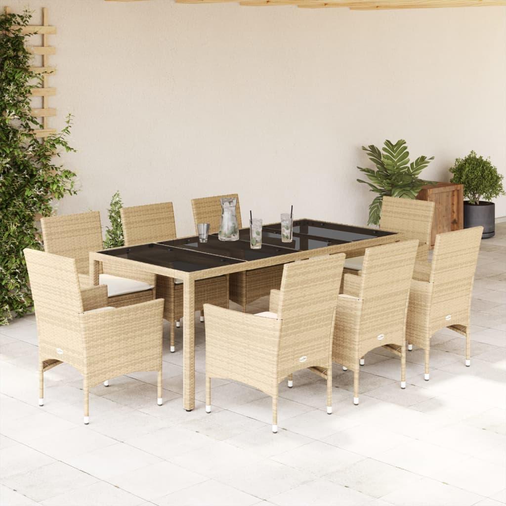 Spisebordssæt til haven 9 dele med hynder polyrattan og glas