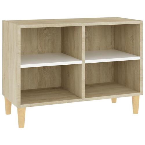 Tv-skab med massive træben 69,5x30x50 cm hvid og sonoma-eg