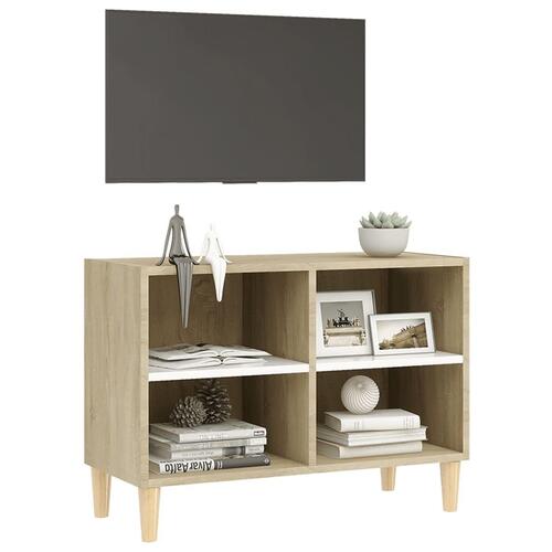 Tv-skab med massive træben 69,5x30x50 cm hvid og sonoma-eg