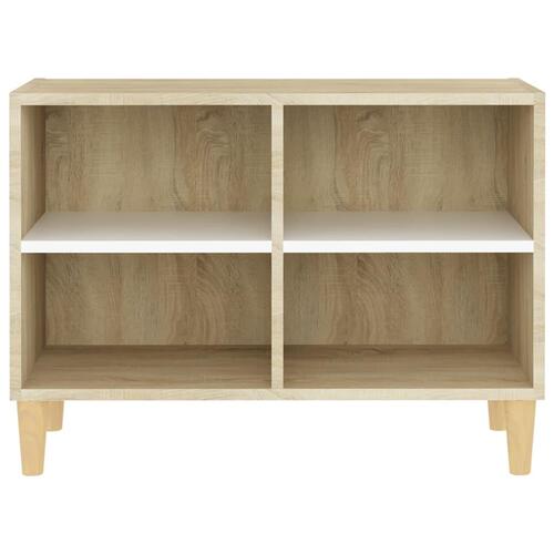Tv-skab med massive træben 69,5x30x50 cm hvid og sonoma-eg