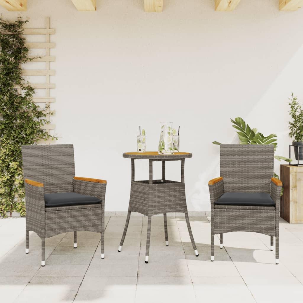 Spisebordssæt til haven 3 dele med hynder polyrattan akacie grå