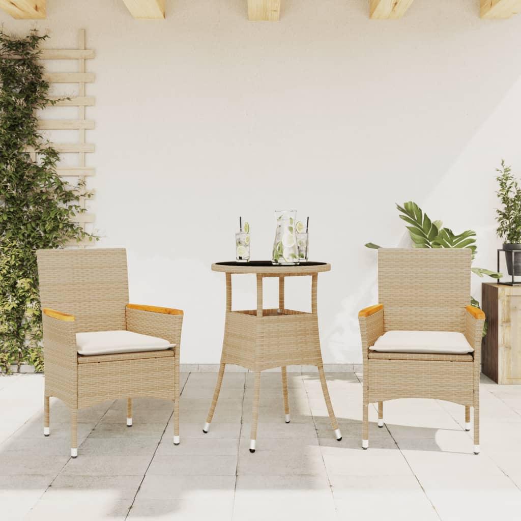 Spisebordssæt til haven 3 dele med hynder polyrattan og glas