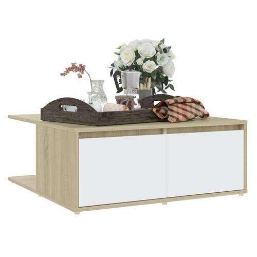 Sofabord 80x80x31 cm konstrueret træ hvid og sonoma-eg