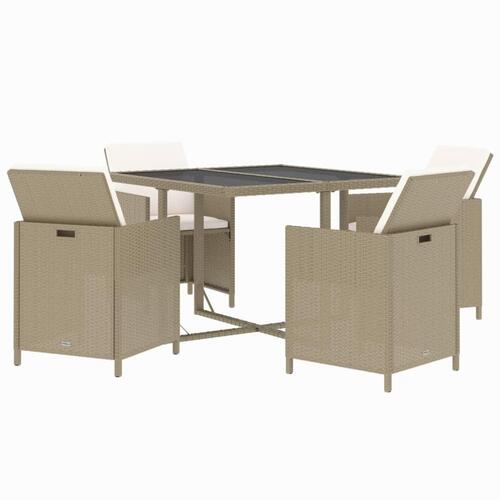 Spisebordssæt til haven 5 dele med hynder polyrattan beige