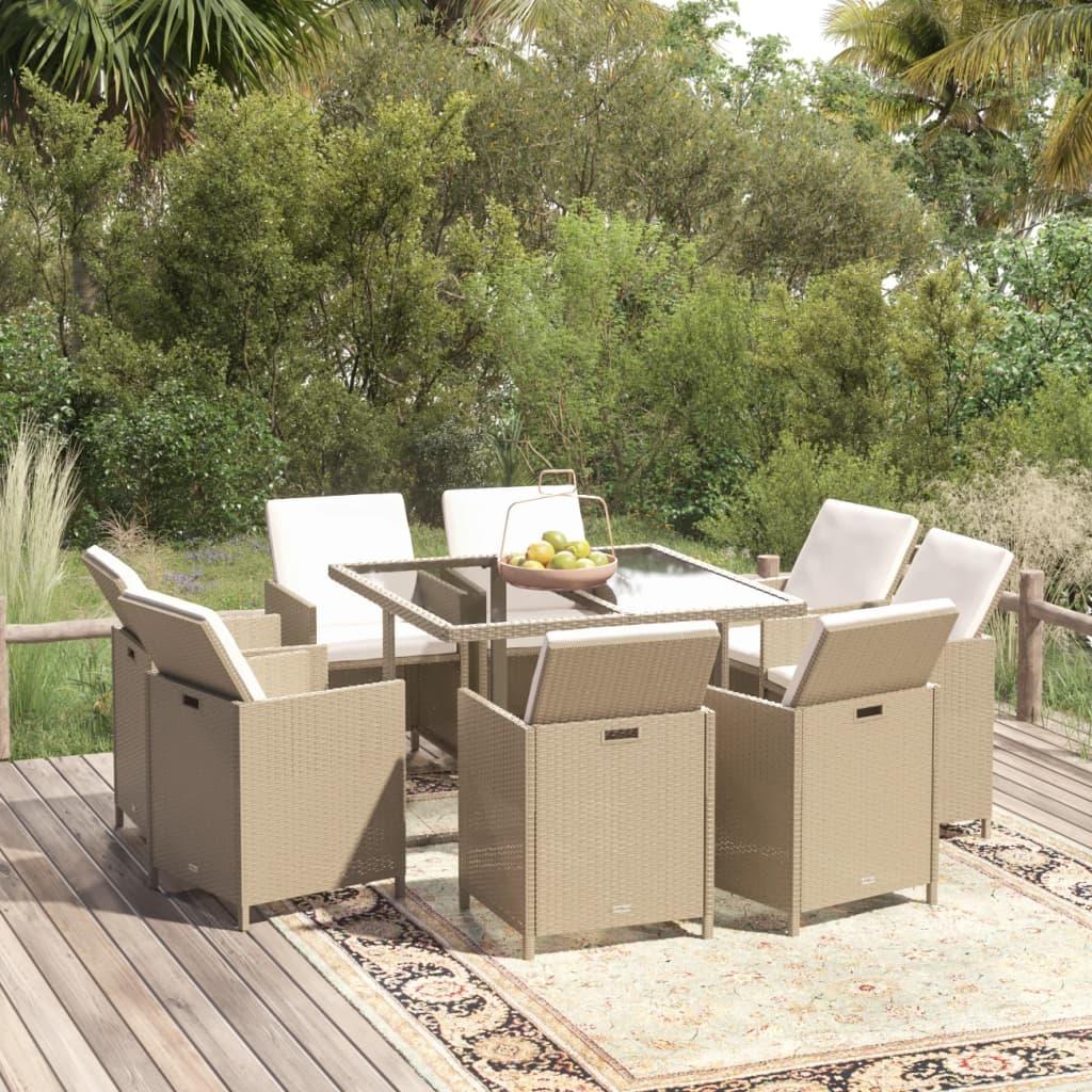 Spisebordssæt til haven 9 dele med hynder polyrattan beige