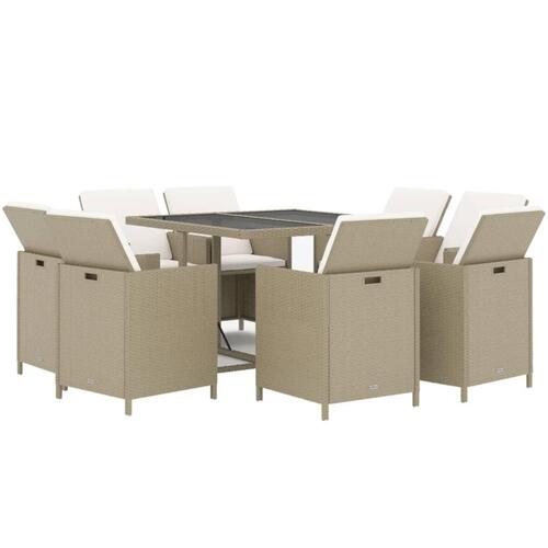 Spisebordssæt til haven 9 dele med hynder polyrattan beige