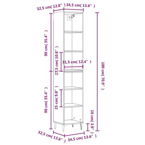 Skab 34,5x32,5x180 cm konstrueret træ hvid højglans