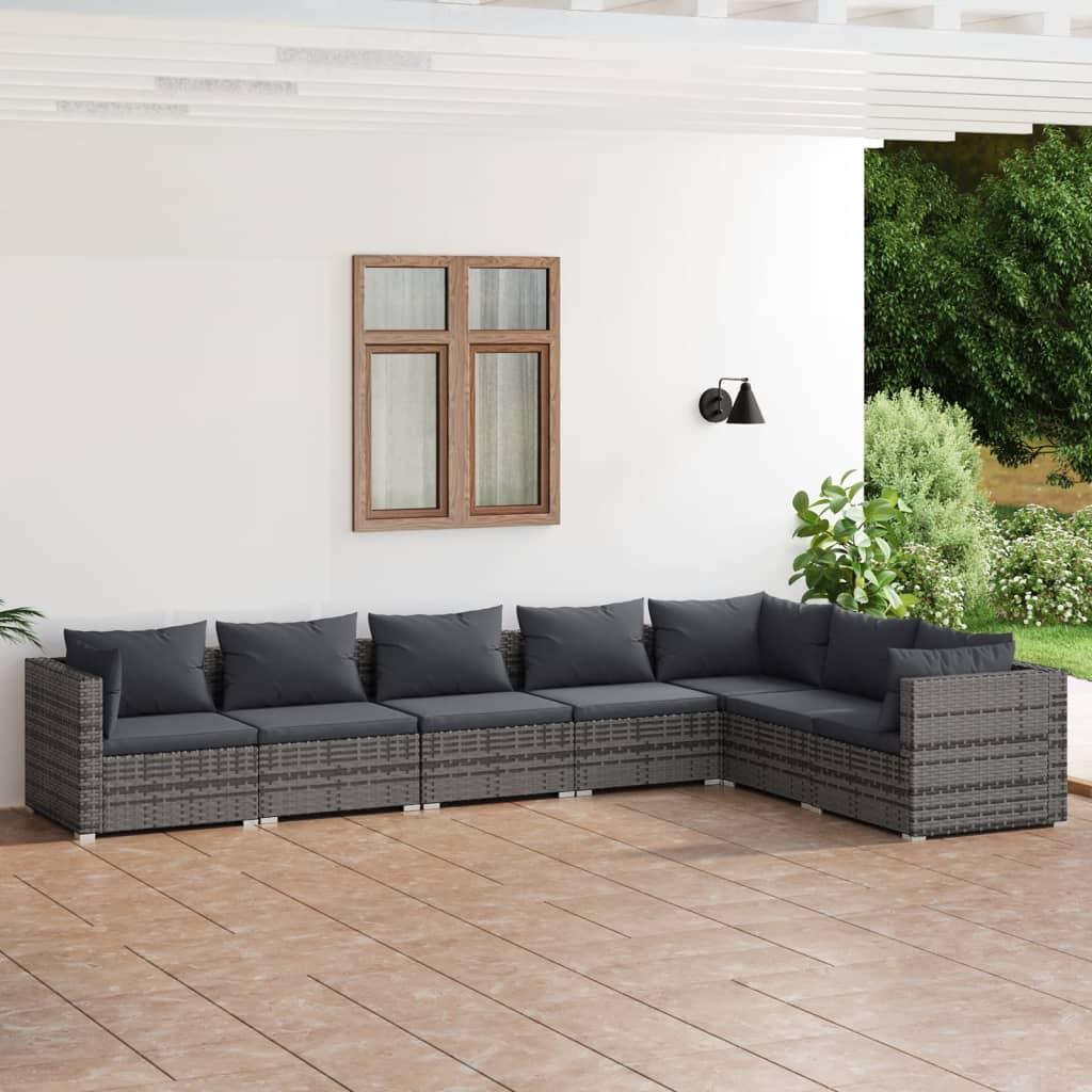 Loungesæt til haven 7 dele med hynder polyrattan grå