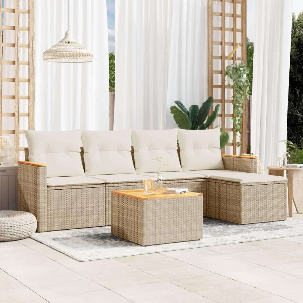 Havesofasæt 5 Dele Med Hynder Polyrattan Beige - Beige / Med bord