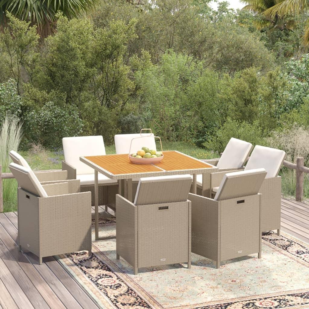 Spisebordssæt til haven 9 dele med hynder polyrattan beige