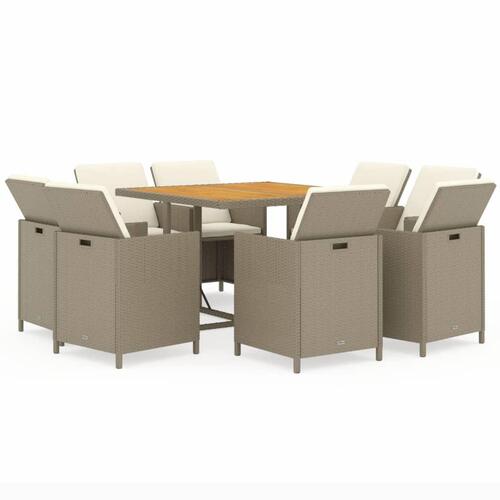 Spisebordssæt til haven 9 dele med hynder polyrattan beige