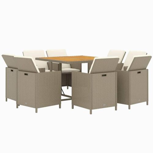 Spisebordssæt til haven 9 dele med hynder polyrattan beige