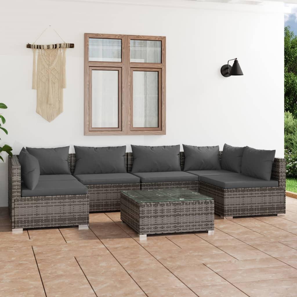 Loungesæt til haven 7 dele med hynder polyrattan grå