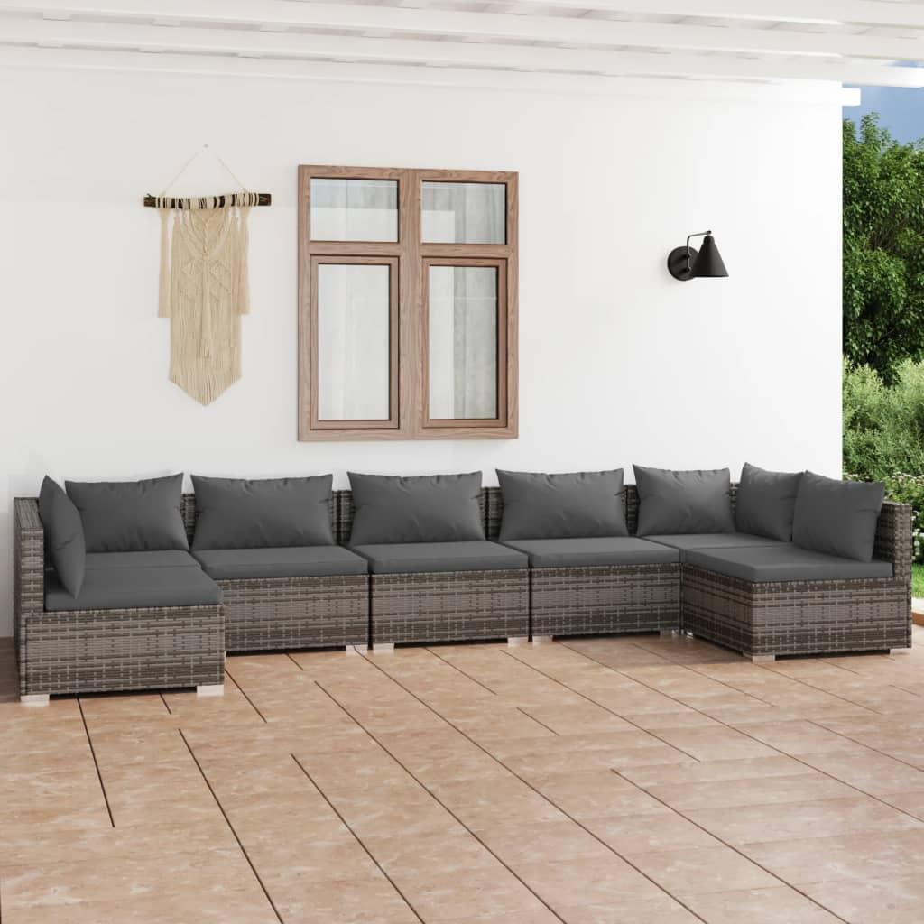 Loungesæt til haven 7 dele med hynder polyrattan grå