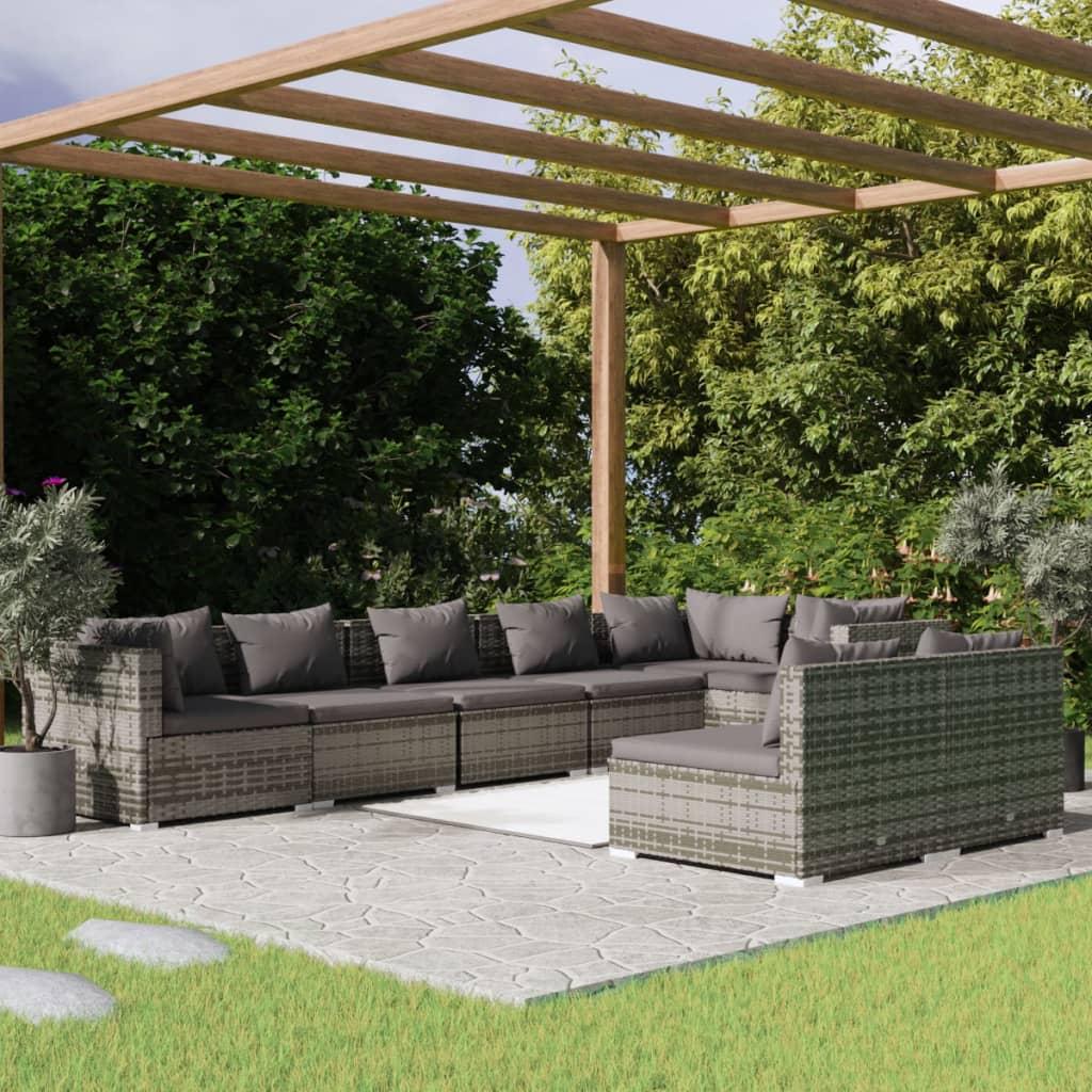 Loungesæt til haven 8 dele med hynder polyrattan grå