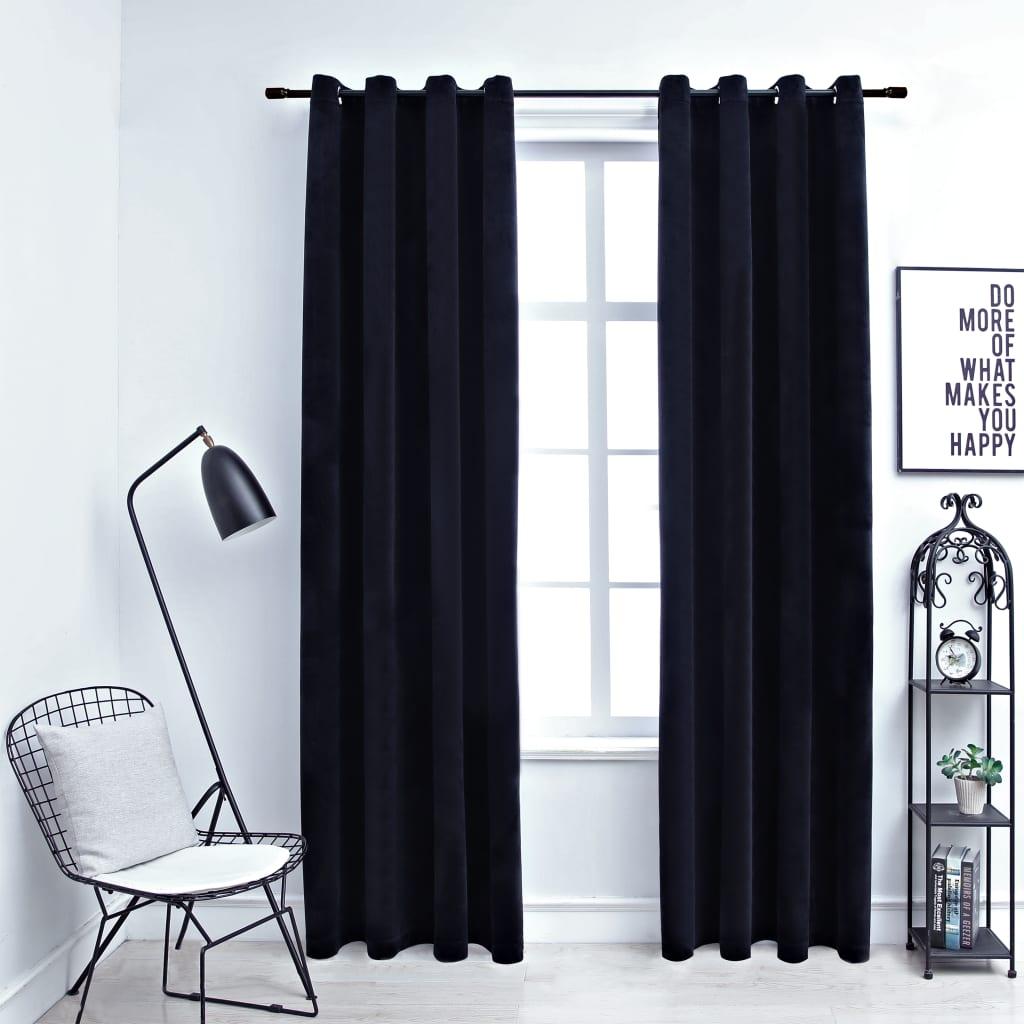 Lysdæmpende gardiner 2 stk. med ringe 140 x 225 cm fløjl sort
