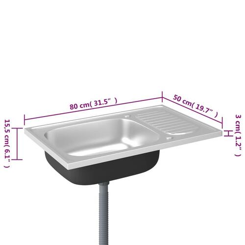 Køkkenvask med afløbssæt 800x500x155 mm rustfrit stål sølv