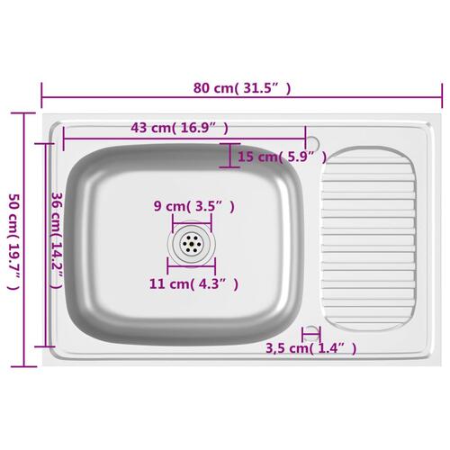 Køkkenvask med afløbssæt 800x500x155 mm rustfrit stål sølv