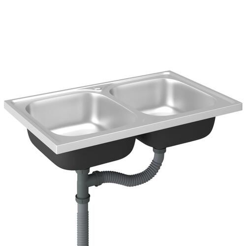 Køkkenvask med 2 bassiner 800x500x155 mm rustfrit stål sølv