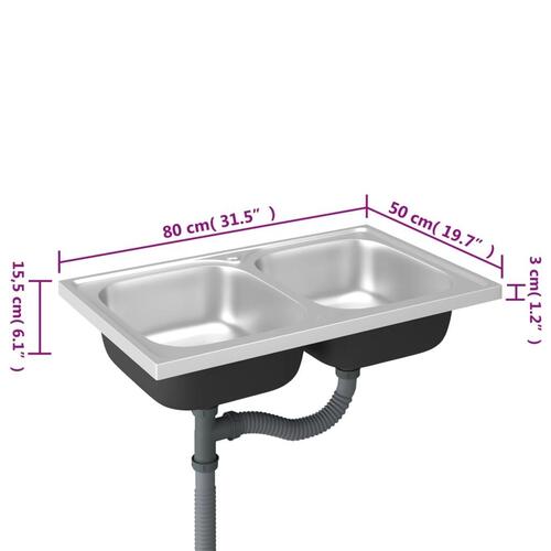 Køkkenvask med 2 bassiner 800x500x155 mm rustfrit stål sølv