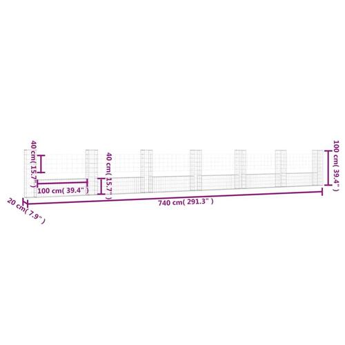 Gabionkurv med 7 stolper 740x20x100 cm U-facon jern