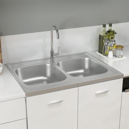 Køkkenvask med 2 bassiner 800x600x155 mm rustfrit stål sølv