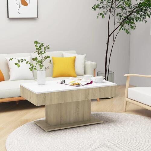 Sofabord 96x50x45 cm konstrueret træ hvid og sonoma-eg